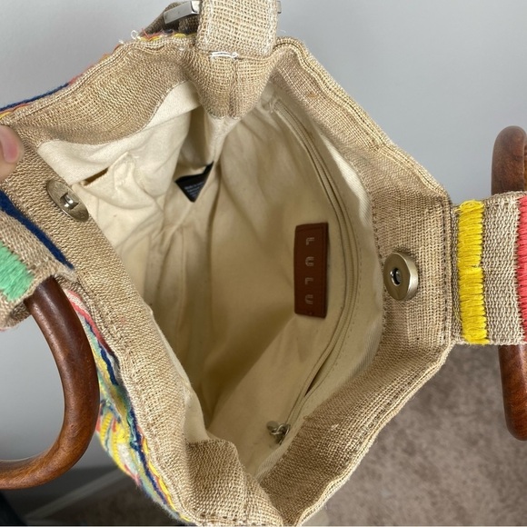Lulu Canvas Handbag Boho Wooden Handles Aztec Print Multicolor with Strap - Picture 5 of 7